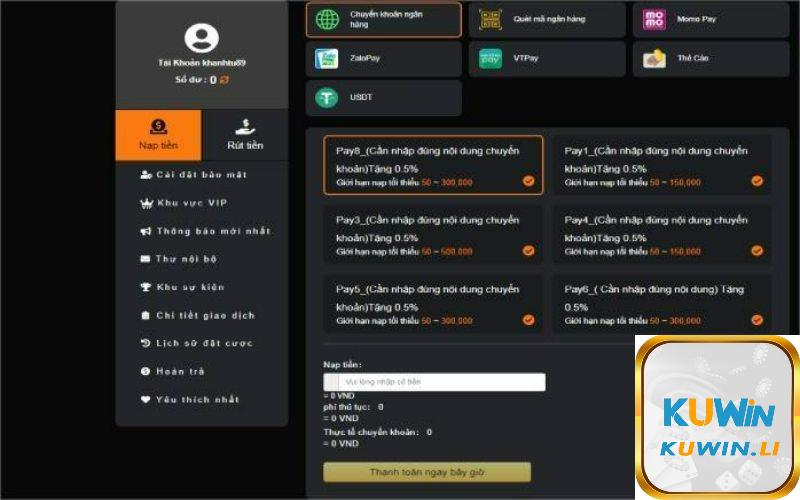 Hướng dẫn game thủ các bước nạp tiền Kuwin